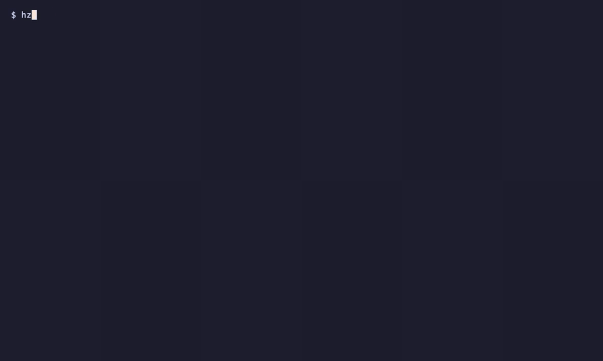 clock in the terminal: a terminal running <code>hz clock --help</code>, <code>hz clock</code>, <code>hz clock --json</code>